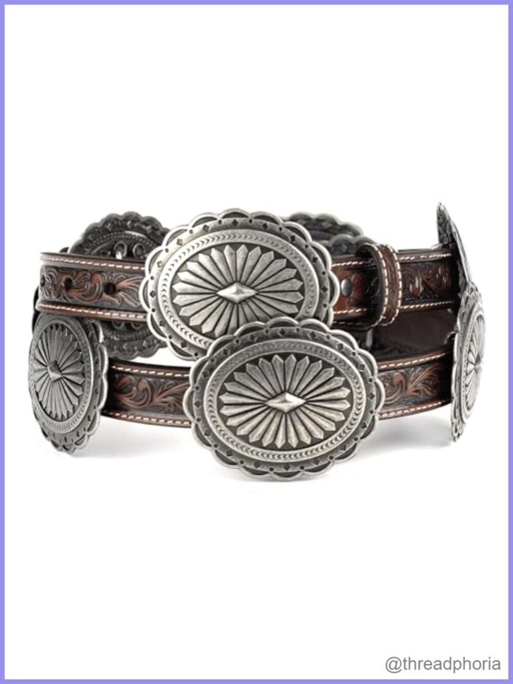 Genuine Leather Tooled Western Belt Silver Oval Concho
